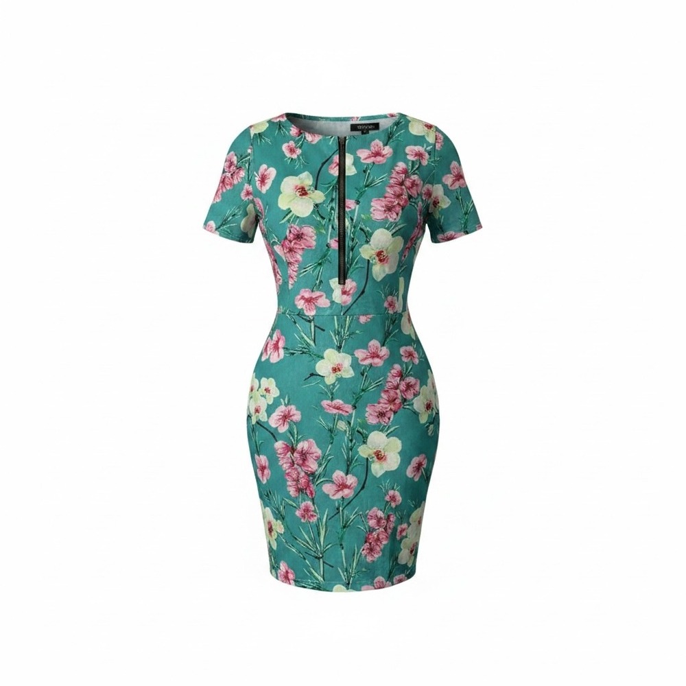 Haoohu Teal Floral Orchid Sheath Dress Front Zip Pockets Stretch 3XL